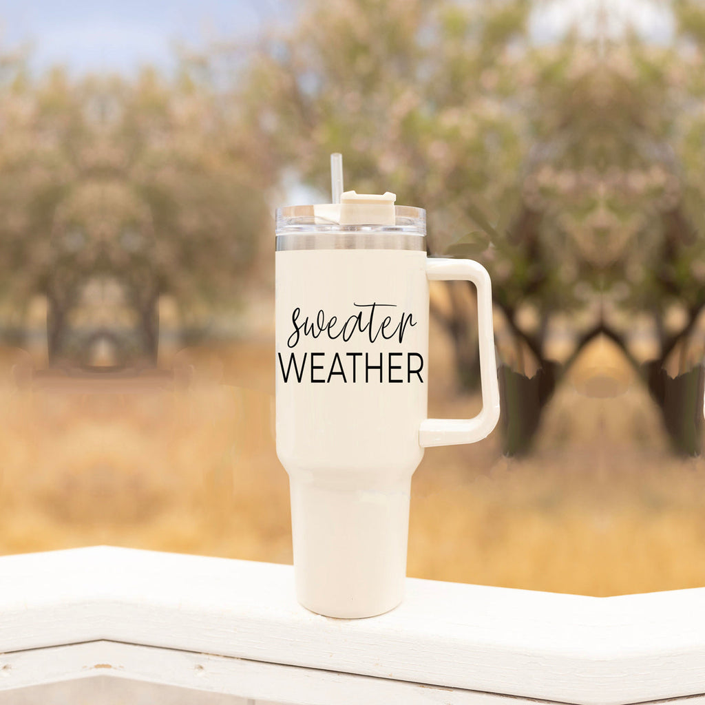 Insulated 40oz Travel Mug With Handle, Lid & Straw - Sweater Weather Fall Mug BandsCo Straps
