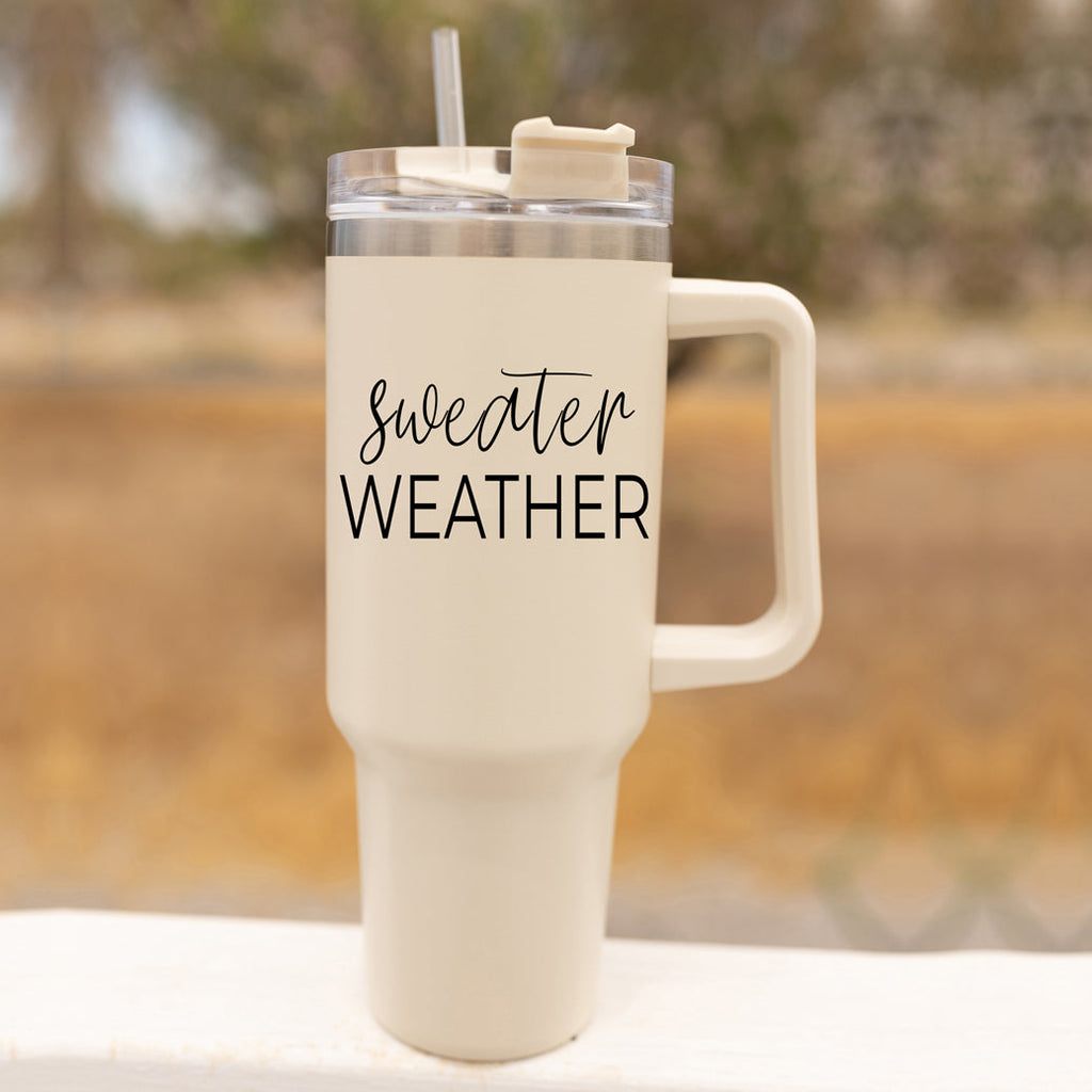 Insulated 40oz Travel Mug With Handle, Lid & Straw - Sweater Weather Fall Mug BandsCo Straps