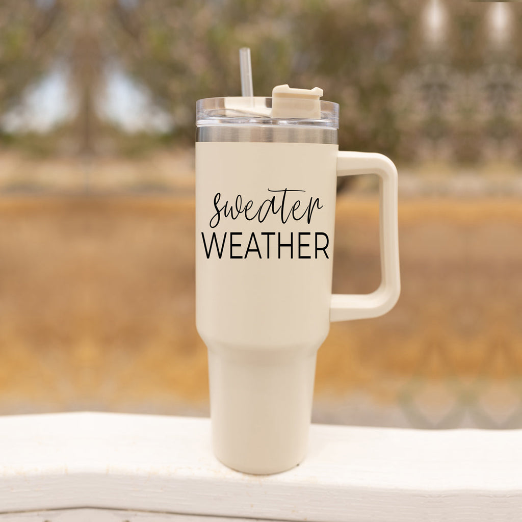 Insulated 40oz Travel Mug With Handle, Lid & Straw - Sweater Weather Fall Mug BandsCo Straps