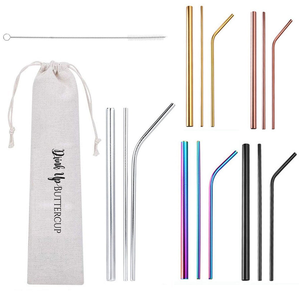 Stainless Steel Reusable Straw Set 5-Piece With Cleaner Bag Eco Dishwasher BandsCo Straps
