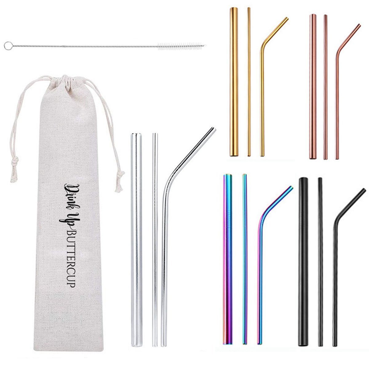 Stainless Steel Reusable Straw Set 5-Piece With Cleaner Bag Eco Dishwasher BandsCo Straps