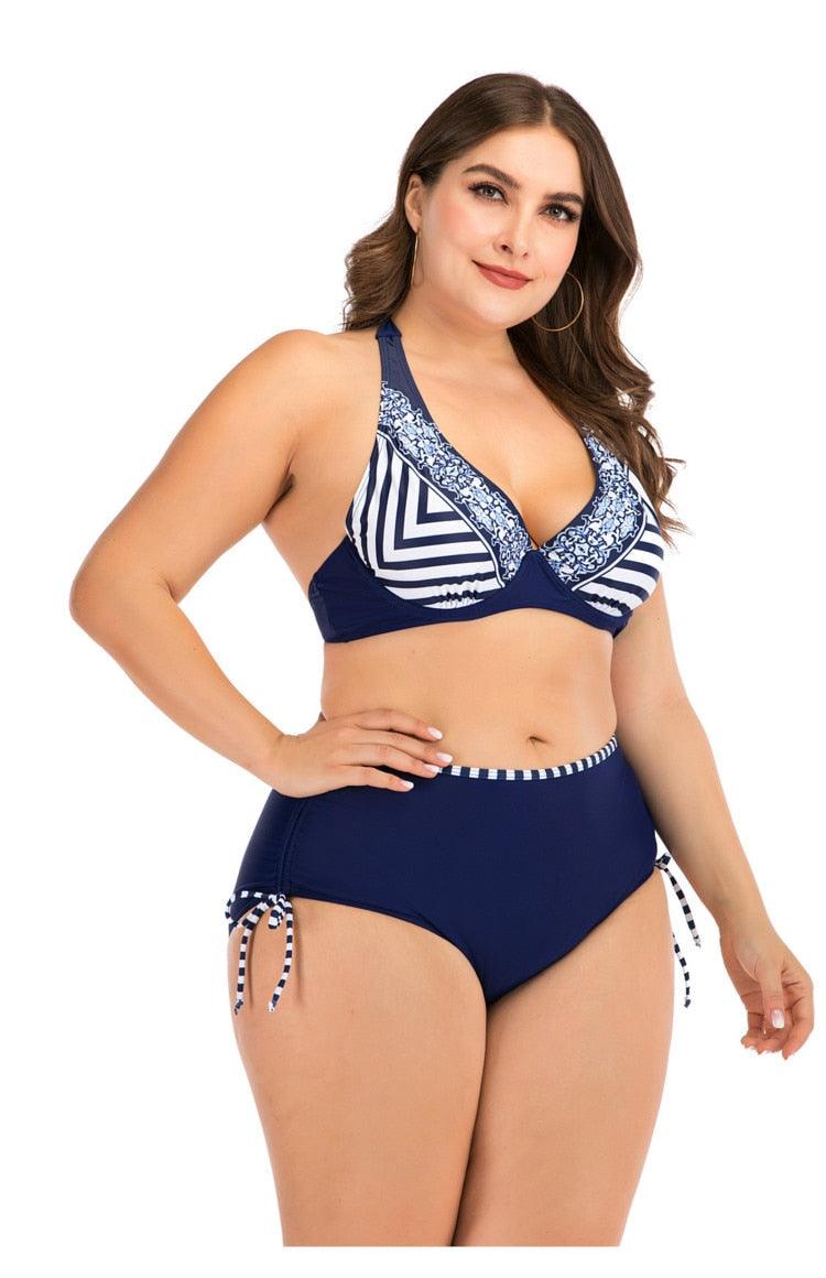 Swimwear High Waist Two Piece Plus Size Large Size Plus Fat Printed Swimsuit Women Back Bikini Beach Bathing Suit Women High Waist Swimsuits Triangle Bathing Suit Stevvex