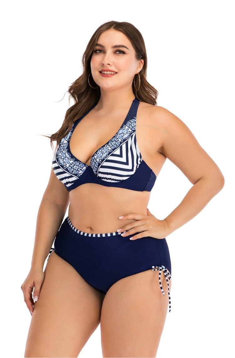 Swimwear High Waist Two Piece Plus Size Large Size Plus Fat Printed Swimsuit Women Back Bikini Beach Bathing Suit Women High Waist Swimsuits Triangle Bathing Suit Stevvex
