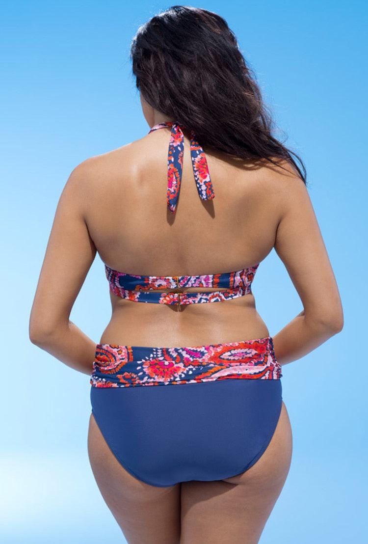 Swimwear High Waist Two Piece Plus Size Large Size Plus Fat Printed Swimsuit Women Back Bikini Beach Bathing Suit Women High Waist Swimsuits Triangle Bathing Suit Stevvex