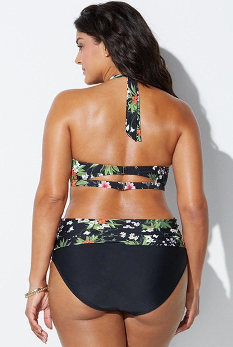 Swimwear High Waist Two Piece Plus Size Large Size Plus Fat Printed Swimsuit Women Back Bikini Beach Bathing Suit Women High Waist Swimsuits Triangle Bathing Suit Stevvex