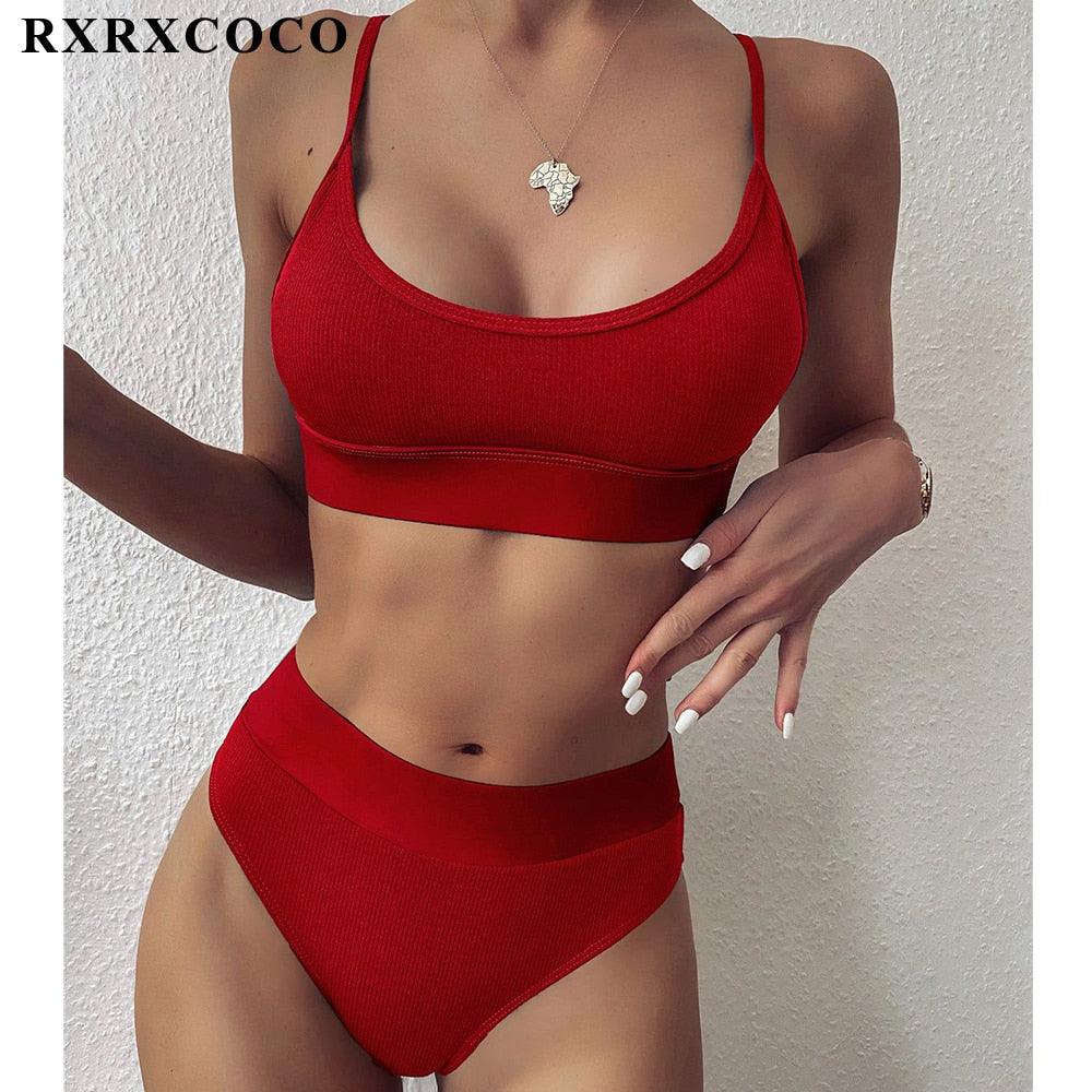 Swimwear Women Ribbed Bathing Suit Female Push Up Bikini Set Women's Bathing Suit Lace up Bikini Ribbed Two Piece Swimsuit Beachwear High Waist Bikini Women's Swimsuit Stevvex