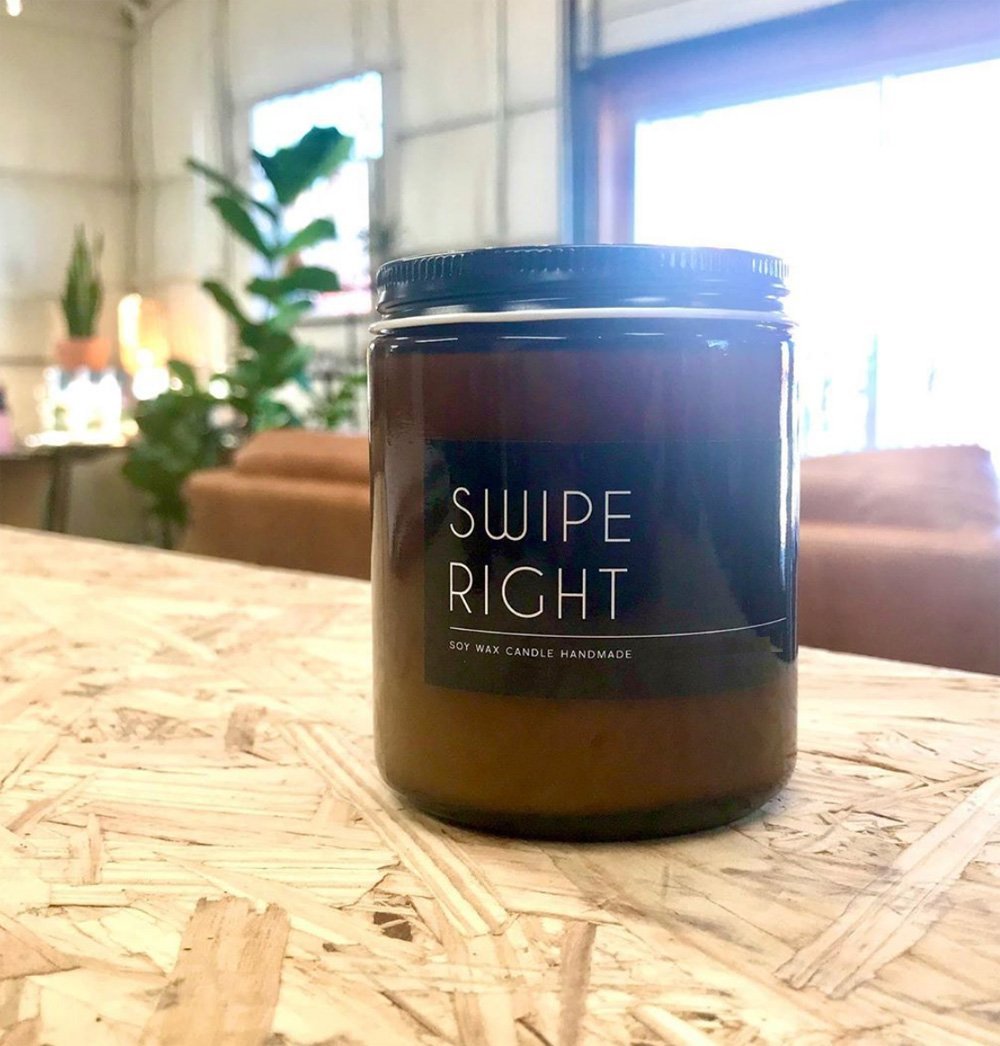 Swipe Right Scented Candle 8oz Soy Candle Spicy Leather Vetiver Myrrh BandsCo Straps