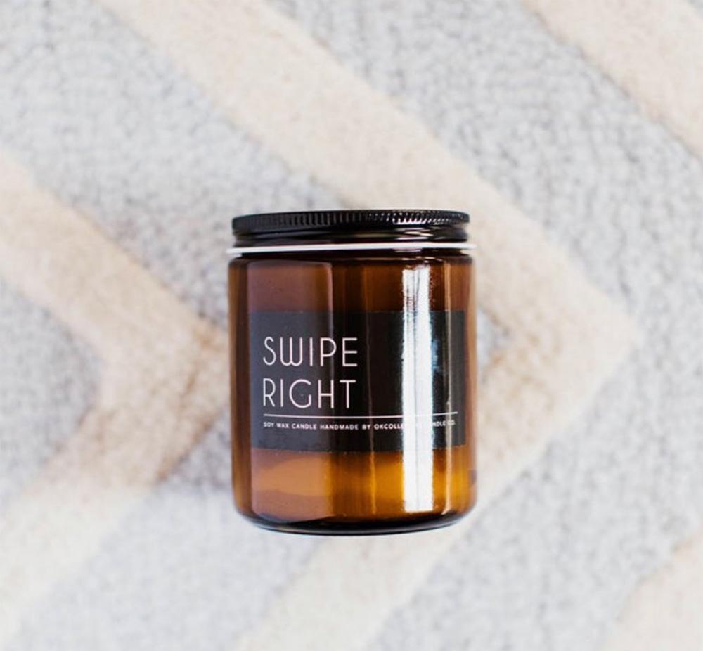 Swipe Right Scented Candle 8oz Soy Candle Spicy Leather Vetiver Myrrh BandsCo Straps