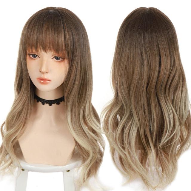 Synthetic Wigs For Women Daily Cosplay Long Water Wave  Lolita Wig With Bangs Cold Brown Heat Resistant Hair Bob Wigs For Black Women Cosplay Wigs For Women Gifts for Girlfriends Stevvex