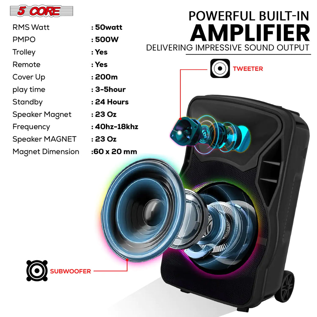 5Core 12 inch PA Portable Bluetooth Party Speaker Karaoke Boombox + 2 Wireless Mics Pi-Mart