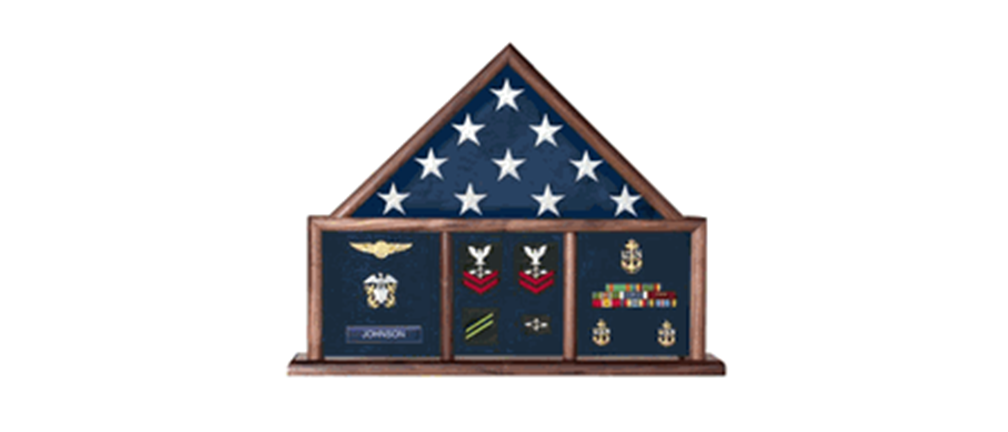 Memorial Flag Case, Three Bay shadow box perfect size case for a your mantle, holds 3'x5' flag a ample amount of memorabilia. The Military Gift Store