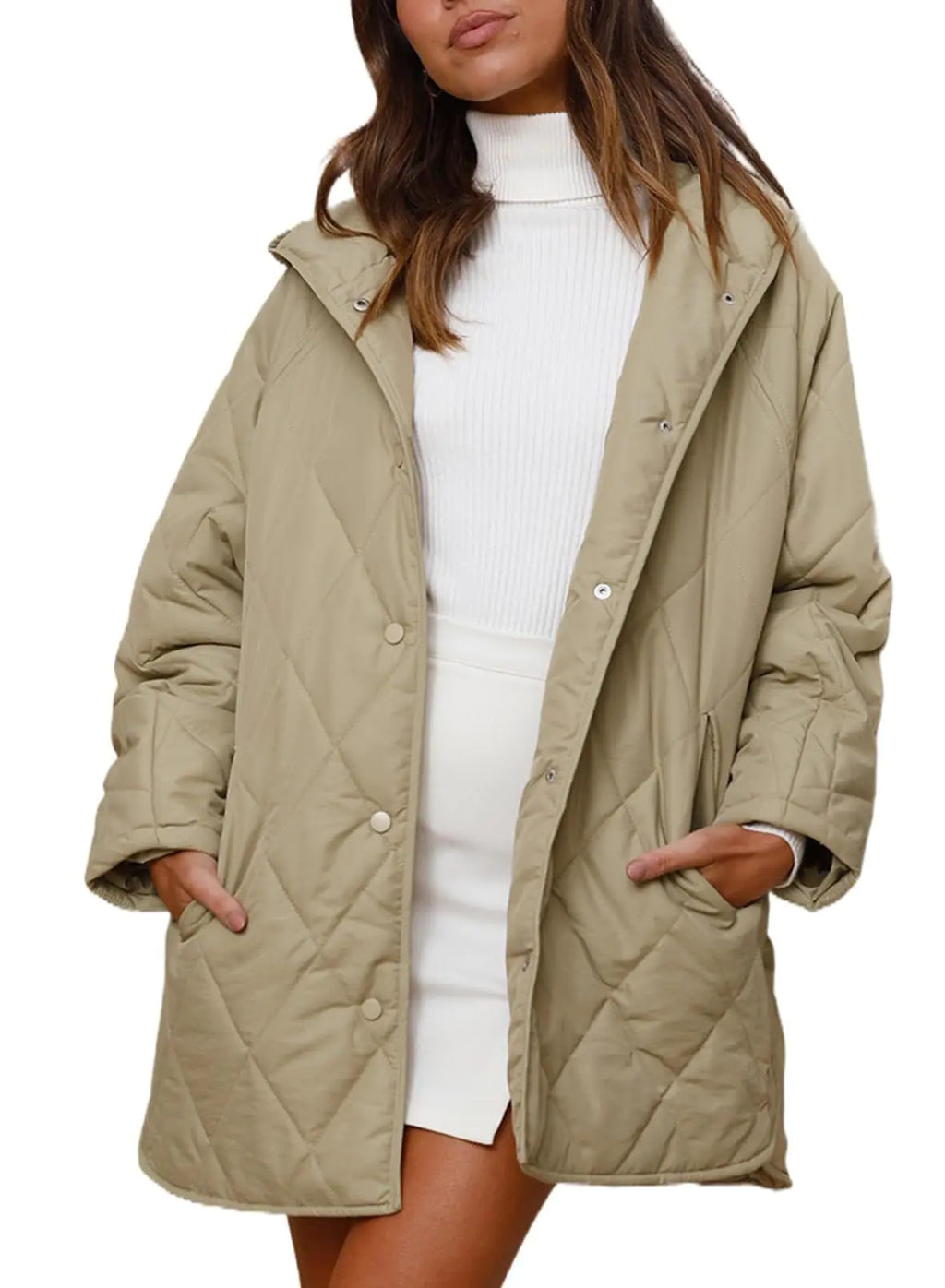 2023 Women's Casual Diamond Quilted Hooded Jacket Pi-Mart