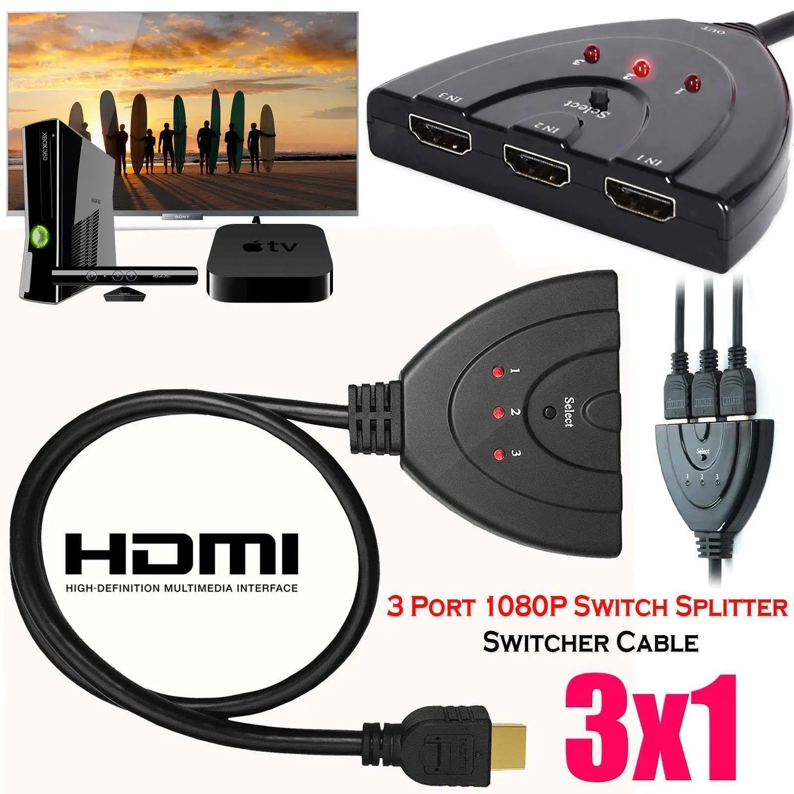 3 Port HDMI Splitter Cable 1080/4K Switch Switcher HUB Adapter for HDTV PS4 Xbox Pi-Mart