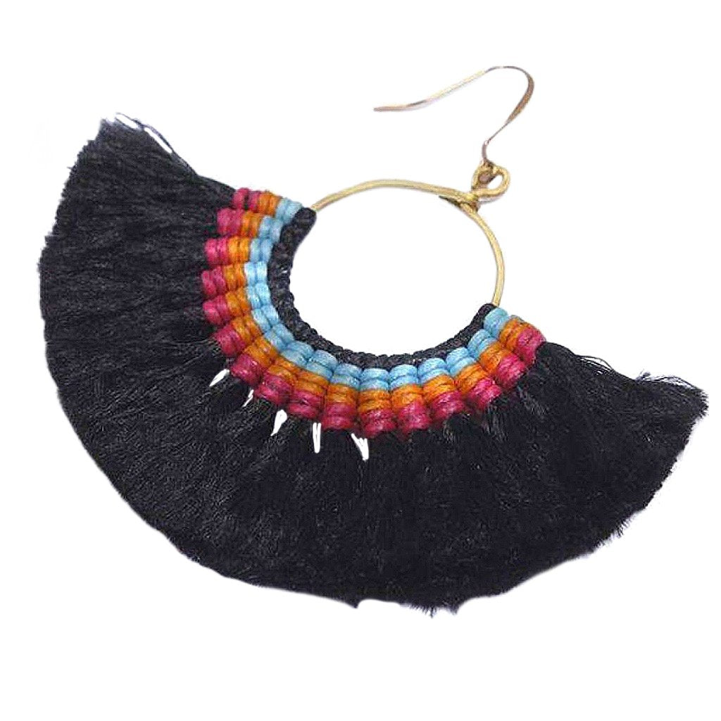 Tassel Fan Earrings Boho Cotton Tassel Lightweight 3in Drop Brass Handmade BandsCo Straps