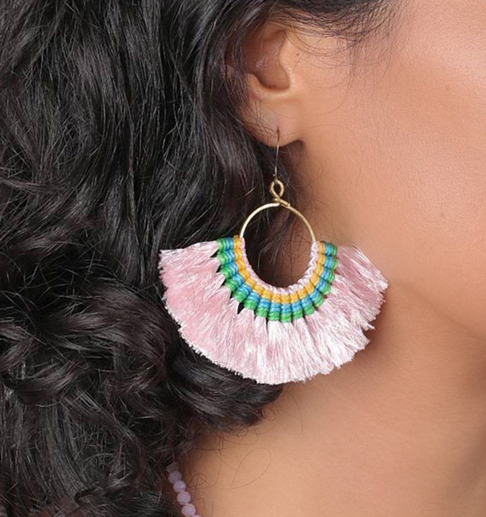 Tassel Fan Earrings Boho Cotton Tassel Lightweight 3in Drop Brass Handmade BandsCo Straps