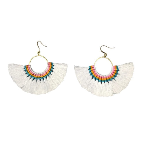 Tassel Fan Earrings Boho Cotton Tassel Lightweight 3in Drop Brass Handmade BandsCo Straps