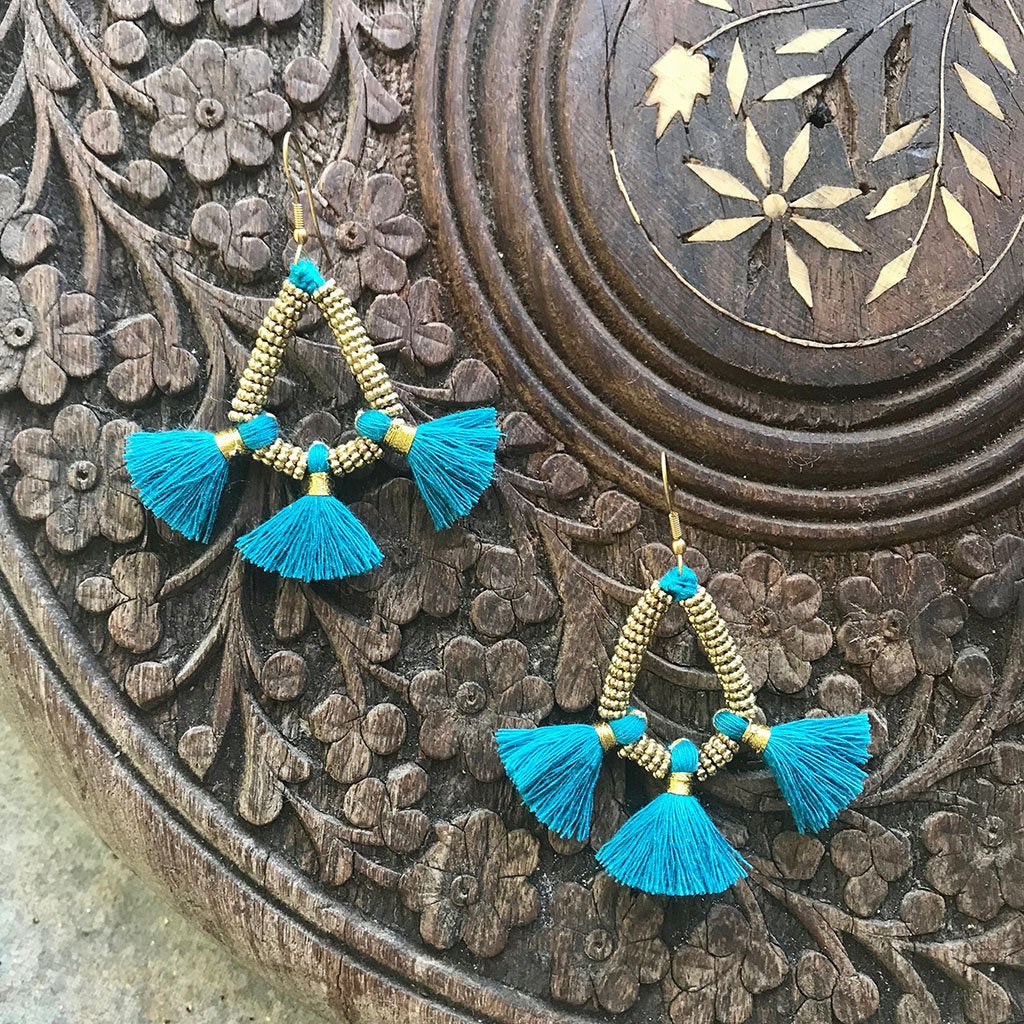Tassel Fringe Earrings Boho Indian Cotton Tassels Handmade 3 Colors BandsCo Straps