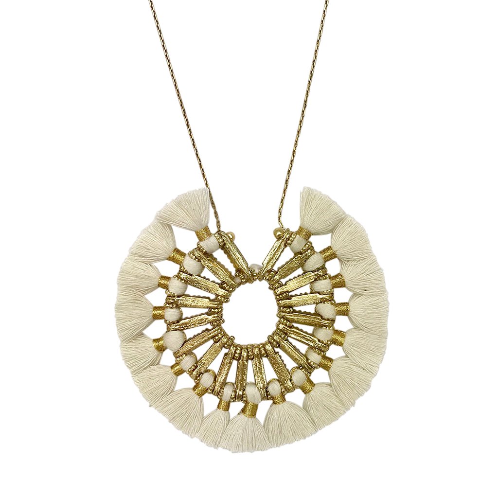 Tassel Halo Necklace Cotton Tassel Boho Statement Pendant 18.5in Chain BandsCo Straps