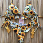 Tassel Leaves Print Woman Swimsuit Women's Two Piece Swimsuit Floral Print Bikini Sets New Comfortable Beach Bikini Bathing Suit Halter Triangle Lace Up Swimwear For Women Stevvex