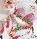 Tassel Leaves Print Woman Swimsuit Women's Two Piece Swimsuit Floral Print Bikini Sets New Comfortable Beach Bikini Bathing Suit Halter Triangle Lace Up Swimwear For Women Stevvex