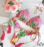 Tassel Leaves Print Woman Swimsuit Women's Two Piece Swimsuit Floral Print Bikini Sets New Comfortable Beach Bikini Bathing Suit Halter Triangle Lace Up Swimwear For Women Stevvex