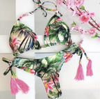 Tassel Leaves Print Woman Swimsuit Women's Two Piece Swimsuit Floral Print Bikini Sets New Comfortable Beach Bikini Bathing Suit Halter Triangle Lace Up Swimwear For Women Stevvex
