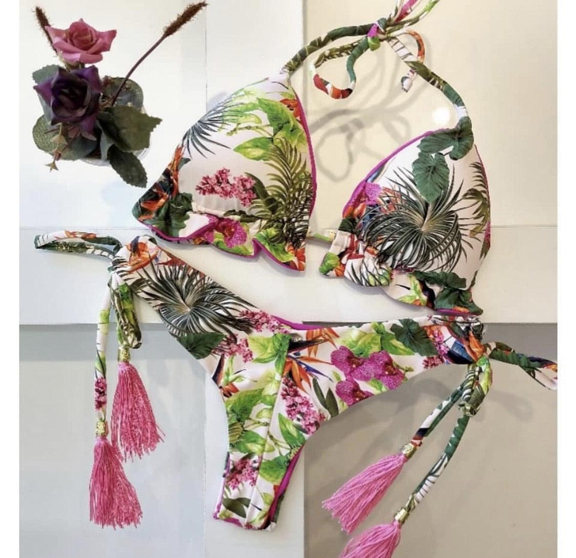 Tassel Leaves Print Woman Swimsuit Women's Two Piece Swimsuit Floral Print Bikini Sets New Comfortable Beach Bikini Bathing Suit Halter Triangle Lace Up Swimwear For Women Stevvex
