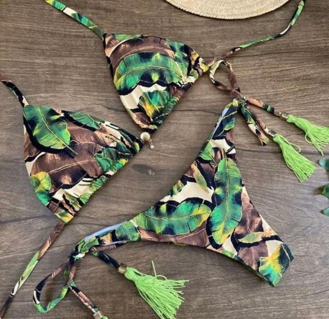 Tassel Leaves Print Woman Swimsuit Women's Two Piece Swimsuit Floral Print Bikini Sets New Comfortable Beach Bikini Bathing Suit Halter Triangle Lace Up Swimwear For Women Stevvex