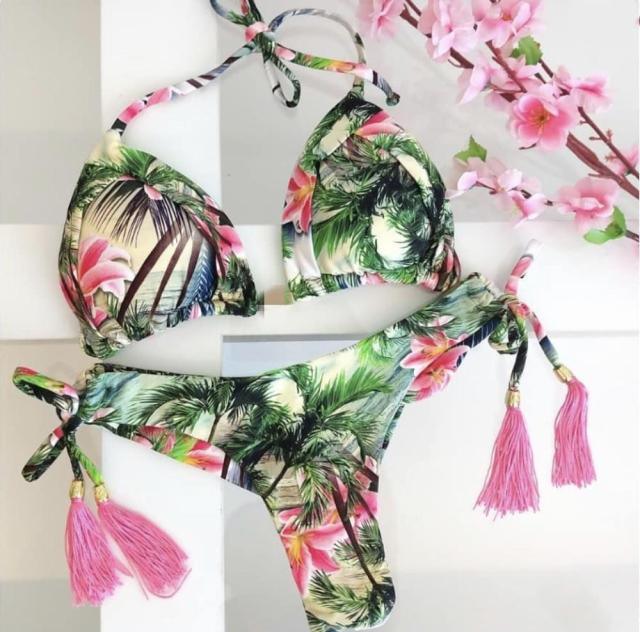 Tassel Leaves Print Woman Swimsuit Women's Two Piece Swimsuit Floral Print Bikini Sets New Comfortable Beach Bikini Bathing Suit Halter Triangle Lace Up Swimwear For Women Stevvex