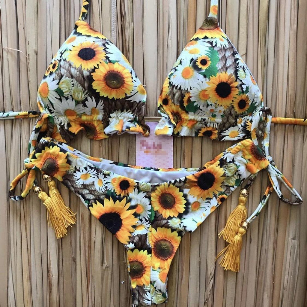 Tassel Leaves Print Woman Swimsuit Women's Two Piece Swimsuit Floral Print Bikini Sets New Comfortable Beach Bikini Bathing Suit Halter Triangle Lace Up Swimwear For Women Stevvex