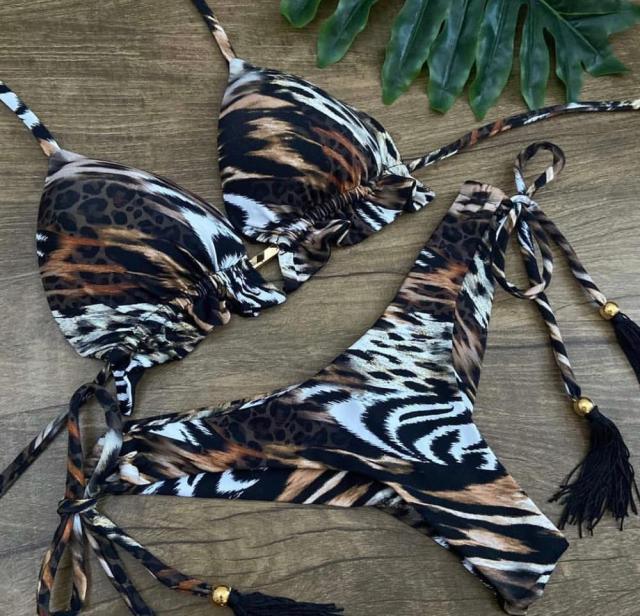 Tassel Leaves Print Woman Swimsuit Women's Two Piece Swimsuit Floral Print Bikini Sets New Comfortable Beach Bikini Bathing Suit Halter Triangle Lace Up Swimwear For Women Stevvex