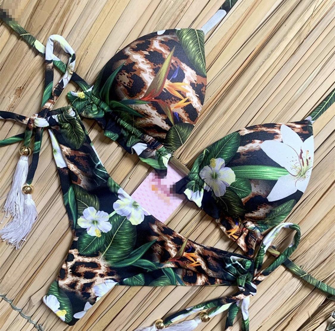 Tassel Leaves Print Woman Swimsuit Women's Two Piece Swimsuit Floral Print Bikini Sets New Comfortable Beach Bikini Bathing Suit Halter Triangle Lace Up Swimwear For Women Stevvex