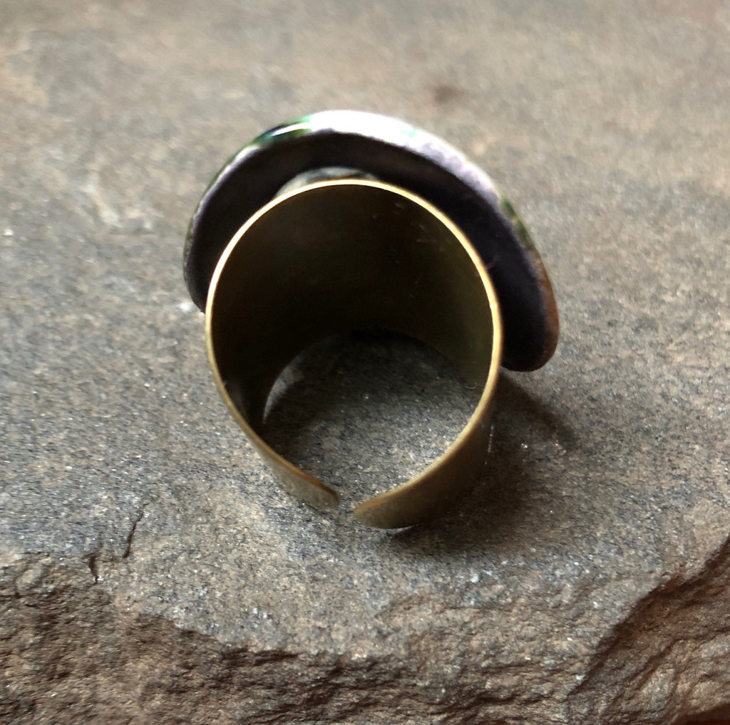 Teal Ceramic Adjustable Cocktail Statement Wide Band Ring
