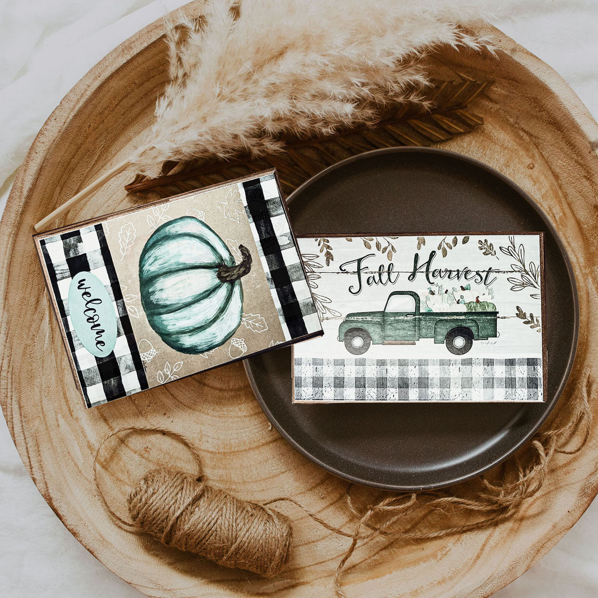 Fall Harvest Wooden Tiered Tray Sign 6x4x1 Rustic Halloween Home Decor BandsCo Straps