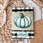 Teal Pumpkin Welcome Sign 6x4x1 Handmade Wood Halloween Gingham Accent BandsCo Straps
