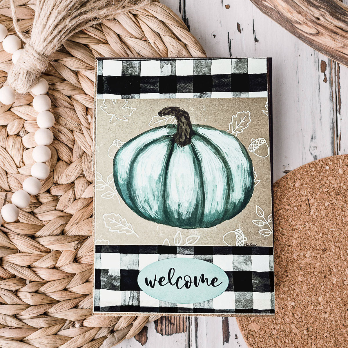 Teal Pumpkin Welcome Sign 6x4x1 Handmade Wood Halloween Gingham Accent BandsCo Straps