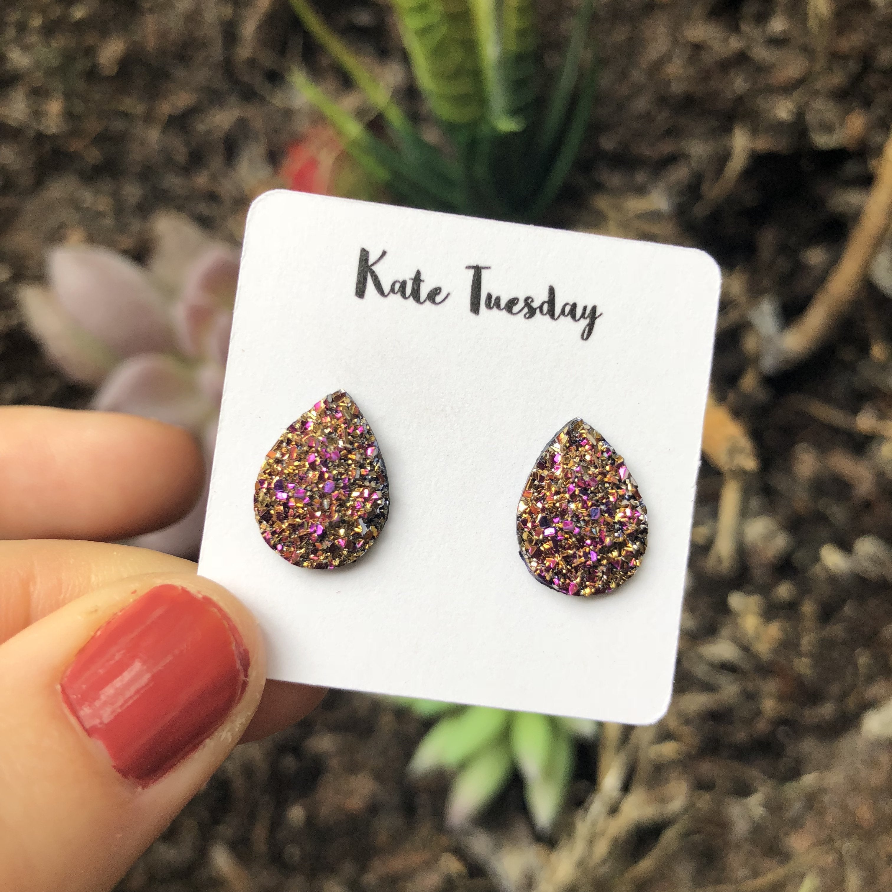 Teardrop Druzy Glitter Stud Earrings Pink Gold Sparkle
