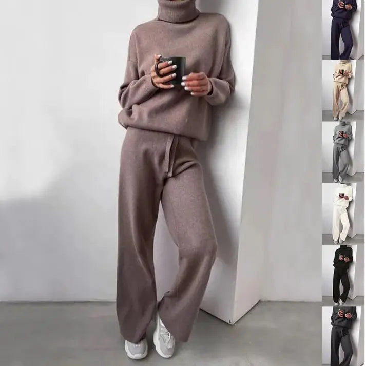 Casual Fashion Suits For Women Turtleneck Sweater And Drawstring Straight Pants Pi-Mart