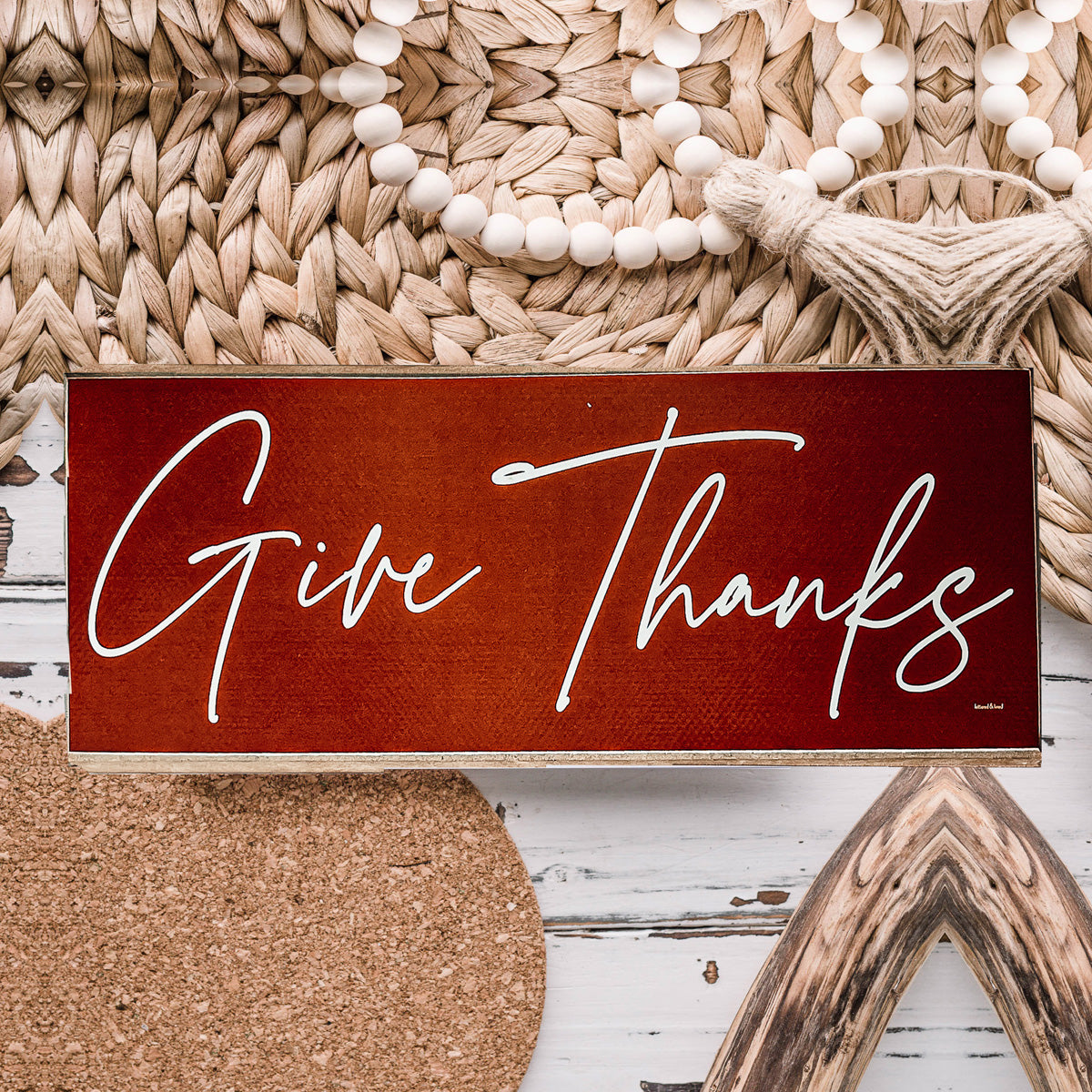 Give Thanks Rustic Wall Sign Set 10x4x1 Inch, Rust Background White Script, Single Or 2-Pack BandsCo Straps