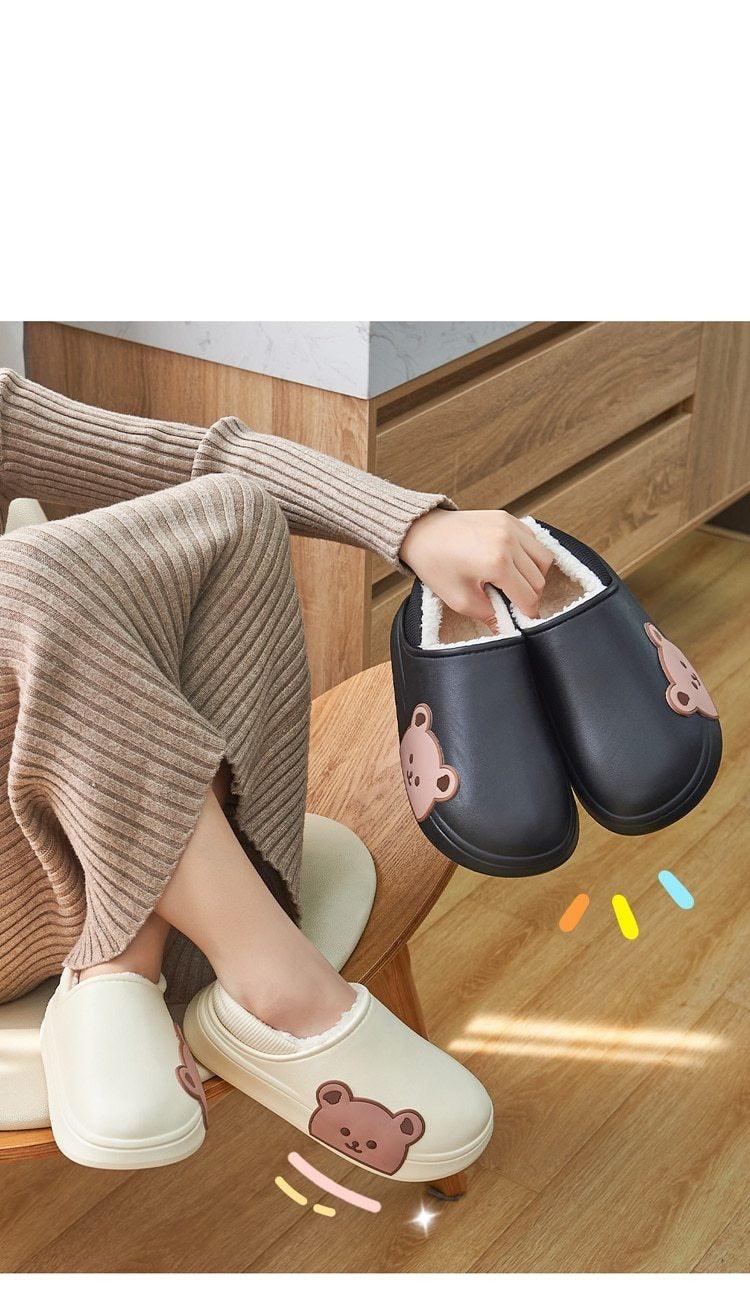 Thick Platform Winter Women Waterproof Non-Slip Home Rubber Slippers Warm Indoor Fur Cotton Women's Cozy Memory Foam Closed Back Slippers Wool-Like Blend Cotton House Shoes Stevvex