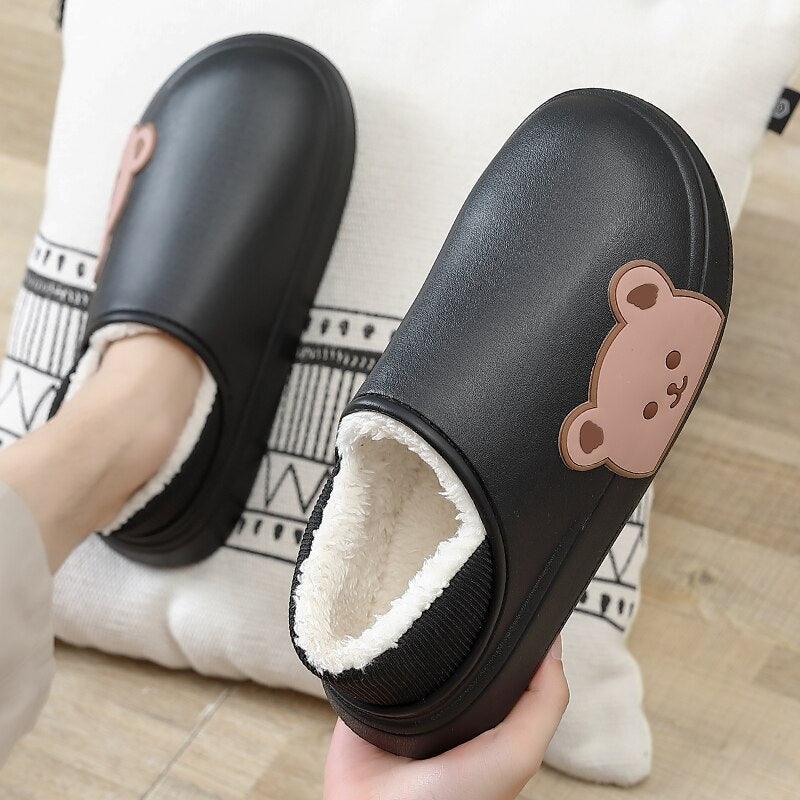 Thick Platform Winter Women Waterproof Non-Slip Home Rubber Slippers Warm Indoor Fur Cotton Women's Cozy Memory Foam Closed Back Slippers Wool-Like Blend Cotton House Shoes Stevvex