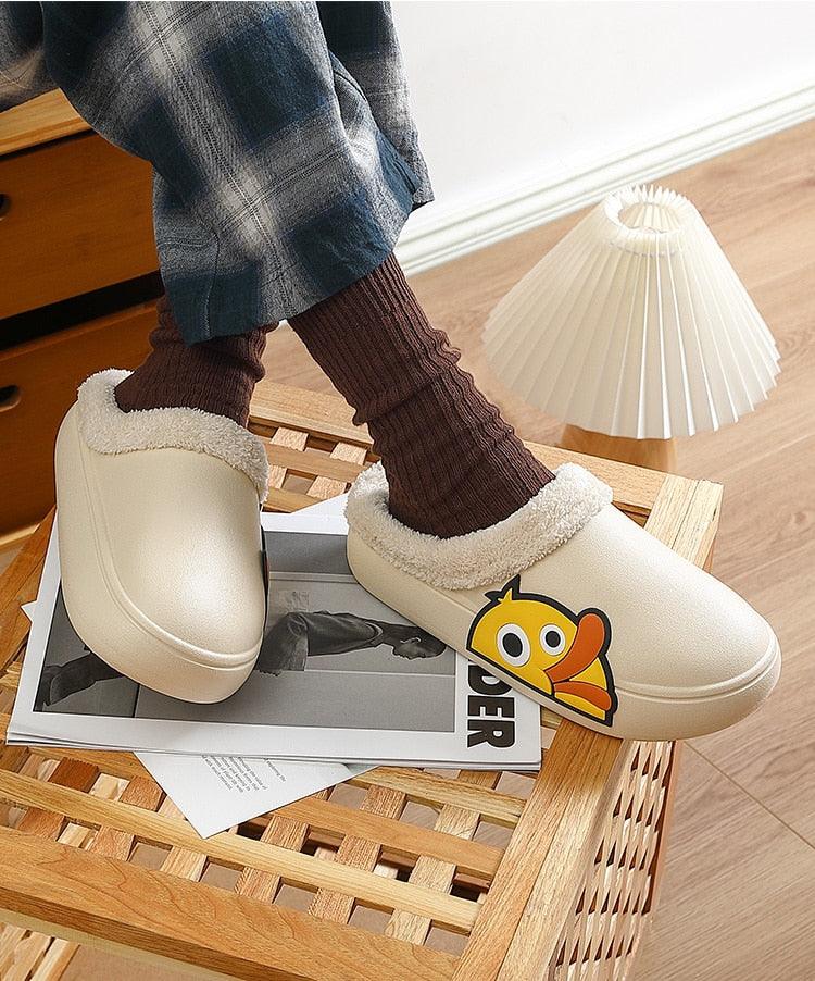 Thick Platform Winter Women Waterproof Non-Slip Home Rubber Slippers Warm Indoor Fur Cotton Women's Cozy Memory Foam Closed Back Slippers Wool-Like Blend Cotton House Shoes Stevvex