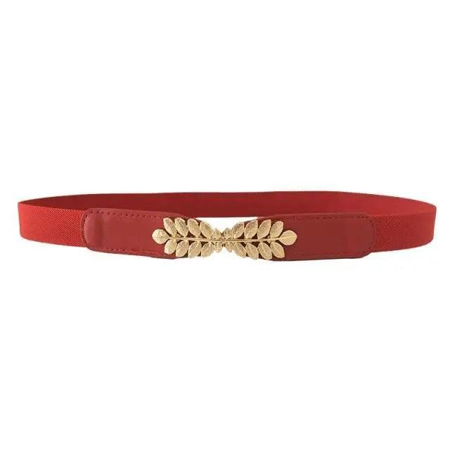 Thin Elastic Stretch Women Buckle Skinny Fashion Belts Metal Leaf Buckle Design Belts For Ladies Stevvex