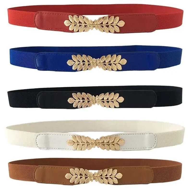 Thin Elastic Stretch Women Buckle Skinny Fashion Belts Metal Leaf Buckle Design Belts For Ladies Stevvex