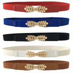 Thin Elastic Stretch Women Buckle Skinny Fashion Belts Metal Leaf Buckle Design Belts For Ladies Stevvex