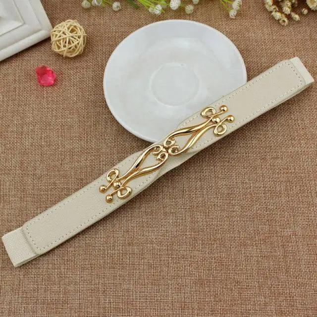 Thin Elastic Stretch Women Buckle Skinny Fashion Belts Metal Leaf Buckle Design Belts For Ladies Stevvex