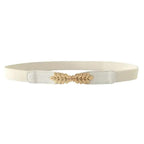Thin Elastic Stretch Women Buckle Skinny Fashion Belts Metal Leaf Buckle Design Belts For Ladies Stevvex