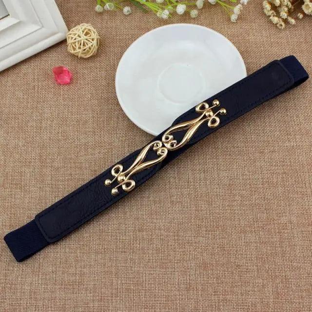 Thin Elastic Stretch Women Buckle Skinny Fashion Belts Metal Leaf Buckle Design Belts For Ladies Stevvex