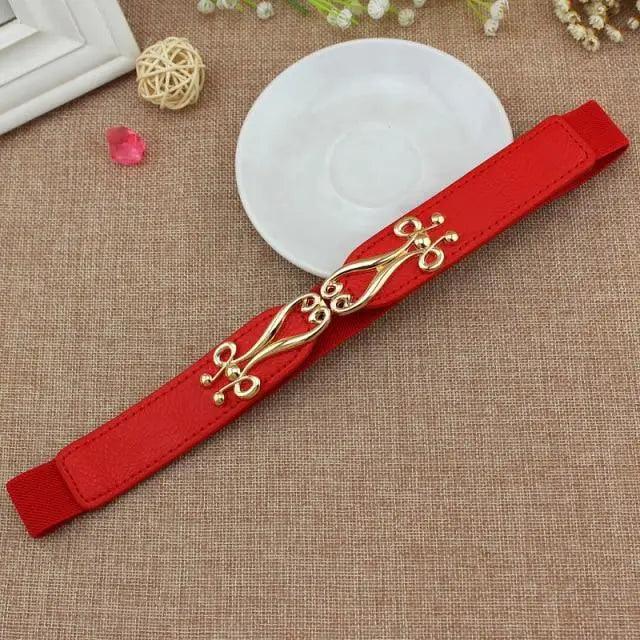 Thin Elastic Stretch Women Buckle Skinny Fashion Belts Metal Leaf Buckle Design Belts For Ladies Stevvex