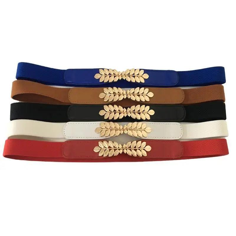 Thin Elastic Stretch Women Buckle Skinny Fashion Belts Metal Leaf Buckle Design Belts For Ladies Stevvex